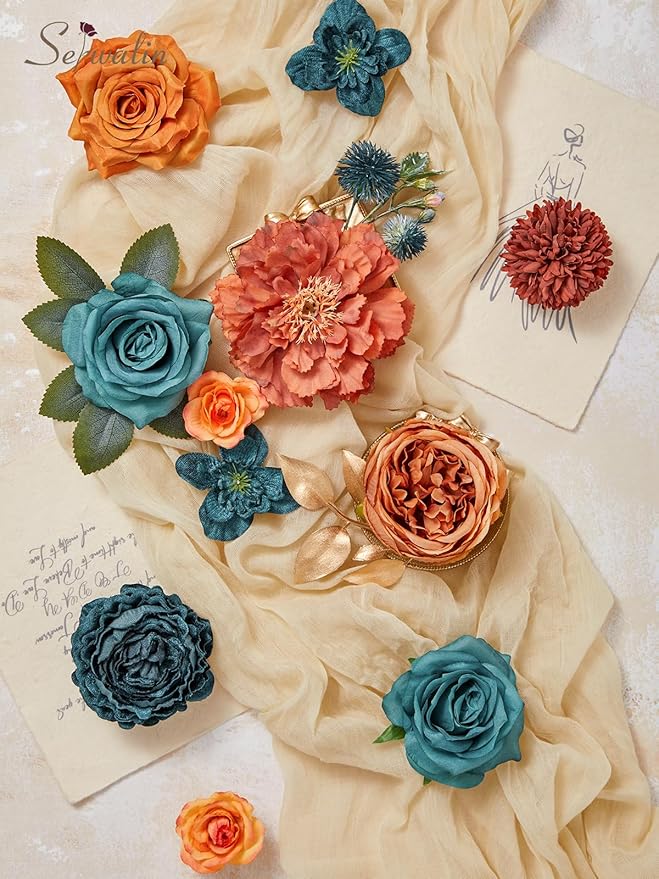 Serwalin Artificial Flowers, Teal Burnt Orange Silk Floral Centerpieces, Fake Flowers Bouquets Box Set for Wedding Bridal Baby Shower Party DIY Craft Home Cake Decoration