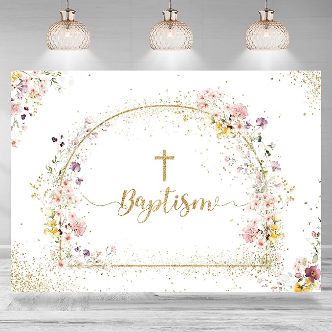 Baptism Backdrop God Bless Floral Golden Dots First Holy Communion Christening Photography Background Baptism Party Decoration Supplies Baby Shower Banner Photo Booth Studio Props 7x5ft