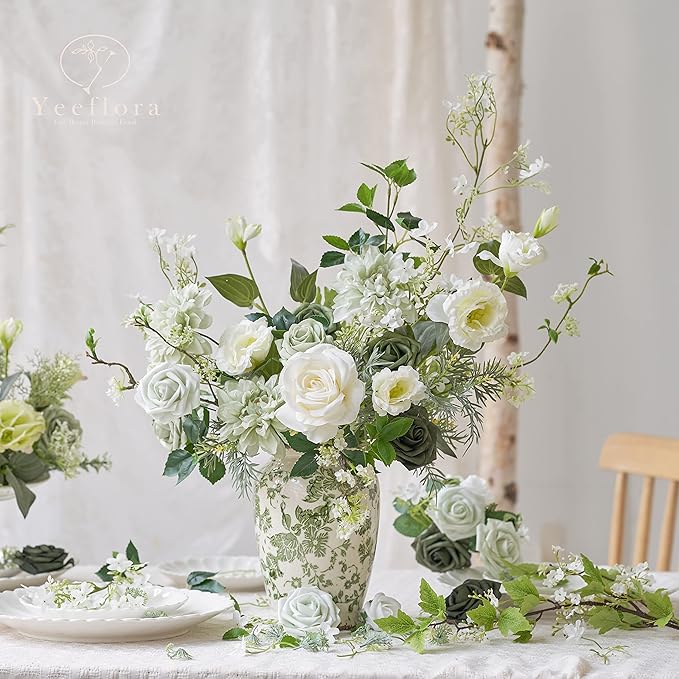 Artificial Flowers, 100pcs Artificial Rose for DIY Wedding Bouquets Centerpieces Arrangements, Sage Green and White Fake Flowers with Stemations