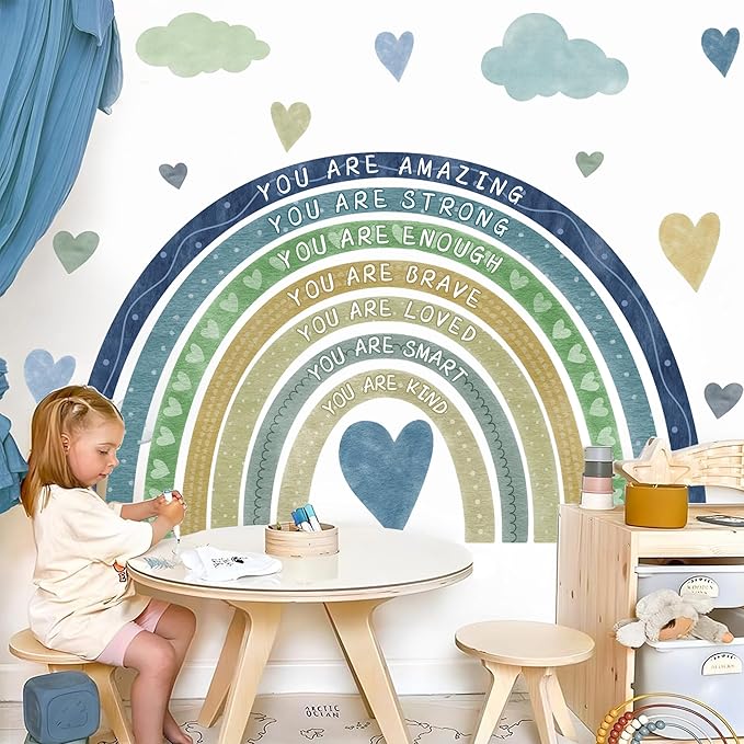 Watercolor Rainbow Wall Sticker Peel and Stick Kids Nursery Wall Decor Stickers Boho Blue Inspirational Walls Decals for Boys Bedroom You Are Decal Motivational Vinyl Art Murals for Baby Room Playroom