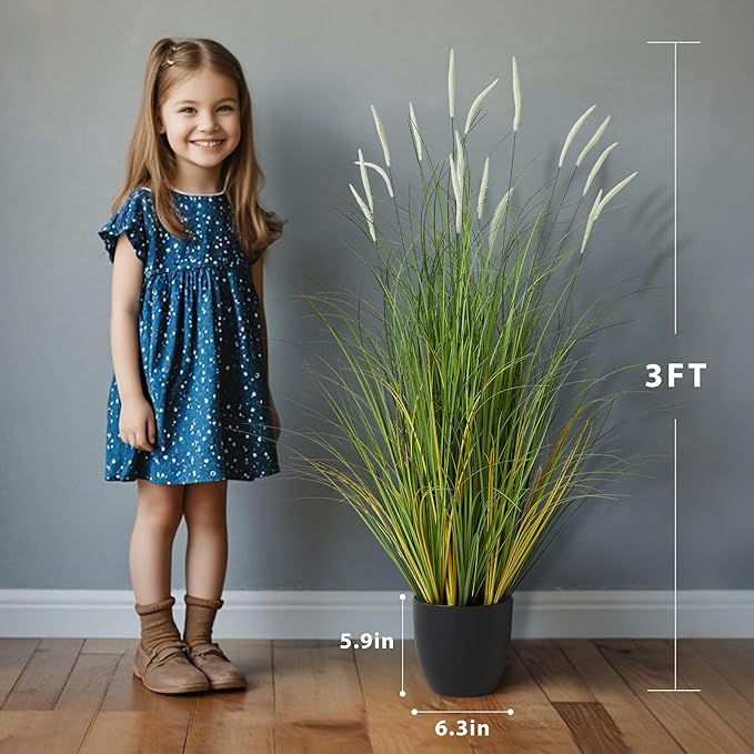 KOL 3ft 2-Pack Artificial Cattail Reed Grass, 35in Artificial Indoor Outdoor Fake Onion Grass Plant, Home Office Wedding Decorative Faux Potted Plant Greenery, Housewarming Gift, White