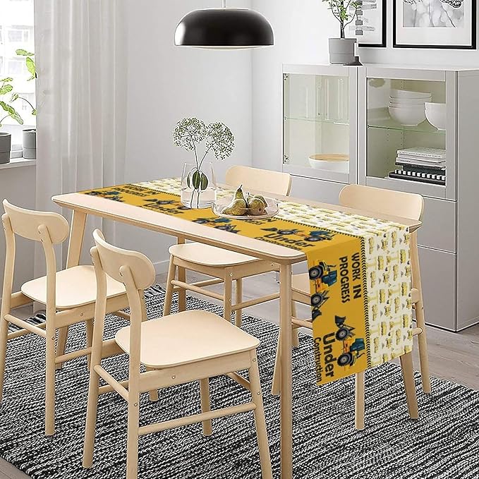 Cartoon Car Table Runner,Boys Kids Construction Vehicles Truck Yellow Print Tablecloth Burlap for Hotel Indoors Outdoor Dining Room Kitchen Home Decor,W13X L108 in