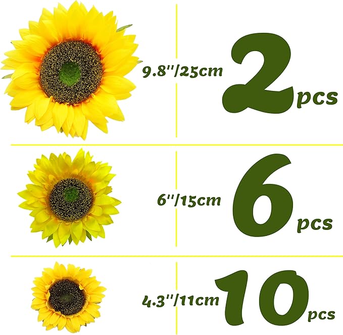 Artificial Flower 18pcs Three Different Sizes of Silk Sunflower Heads Real Looking Fake Sunflower for Hat Trim Cake Flower Home Décor Flower Wall Fence Wreath Wedding Baby Shower(Yellow)