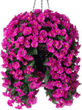 HyeFlora Artificial Fake Hanging Flowers Plants Baskets for Outdoor Outside Decoration, Faux Silk UV Resistant Realistic Fuchsia Morning Glory Planter for Home Porch Patio Balcony Garden Yard
