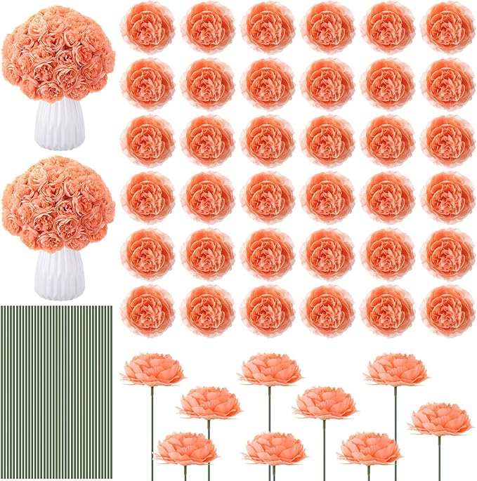 200 Pcs Flowers Long Stem Artificial Rose Bulk, 3.2 Inches Silk Rose Head Flowers Faux for Wedding Bridal Bouquet Independence Day Home Floral DIY Centerpieces Party Decoration(Peach)