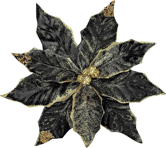 DILATATA 3 Pcs Artificial Christmas Flowers 11 Inch Glitter Poinsettia Picks Christmas Tree Ornaments Topper Decorations Black Poinsettias Flowers for Xmas New Year Wreath Garland Wedding Party Decor