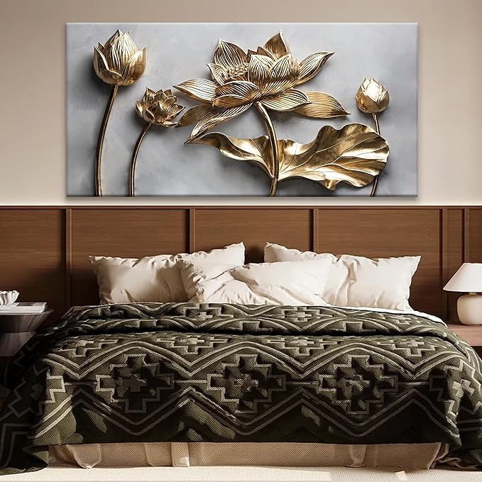 Large Wall Art For Living Room Floral Wall Artwork Modern Canvas Art Wall Decor 29" X 58" Painting Gold Flower Wall Art For Bedroom Hotel Office Apartment Decoration