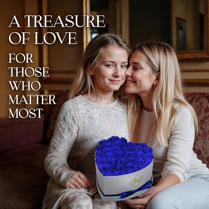 GLAMOUR BOUTIQUE Preserved Roses in a Box - Gifts for Her, Wife & Mom, Rose Flowers Forever Decor for Birthday Gift, Get Well Flower Bouquet Cased in White Box with Cover - Blue - 27-Piece