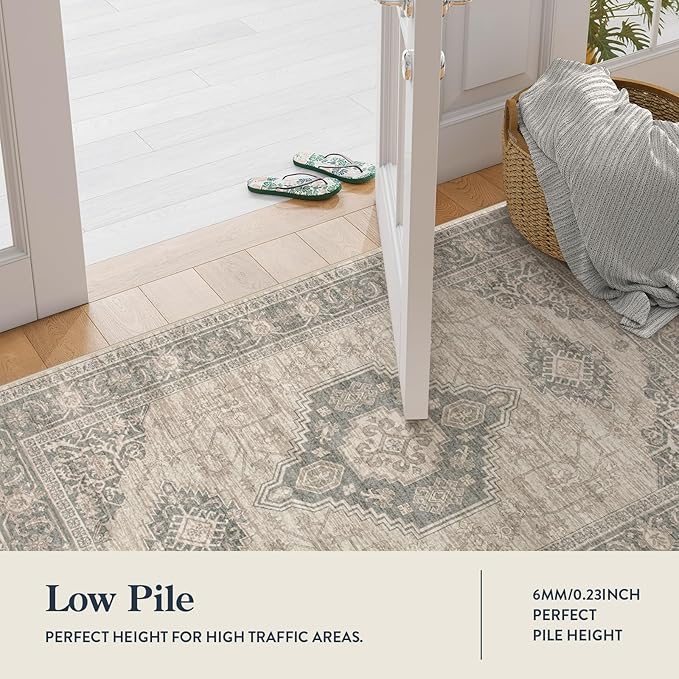 Lahome Oriental Hallway Runner Rug Non Slip, 2.5x8 Kitchen Washable Runner Soft Hallway Rug, Traditional Ultra-Thin Carpet for Bathroom Entryway ‎Laundry Room, Grey/Brown
