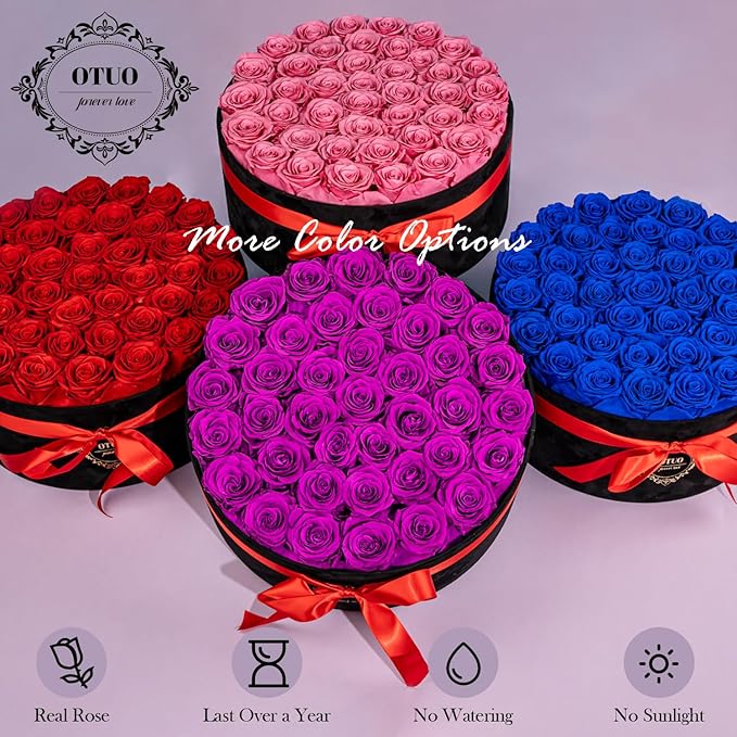 40 Real Preserved Roses in Suede Box Forever Roses Last Up to 3 Years, Flowers for Delivery Prime, Mother’s Day, Birthday, Christmas - Purple