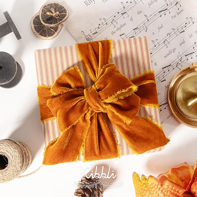 Ribbli Terracotta Velvet Ribbon 2 Inch Handmade Frayed Vintage Burnt Orange Christmas Ribbon for Gift Wrapping Tree Ornament Wreath Craft Home Decor -3 Yards