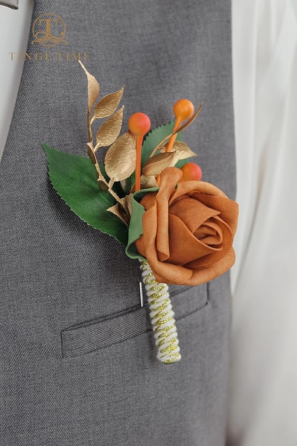 TINGE TIME Boutonniere for Men Wedding,Groom and Best Man Boutonniere for Wedding Ceremony Anniversary, Formal Dinner Party and Rustic Spring Wedding Marriage (2, BurntOrange)