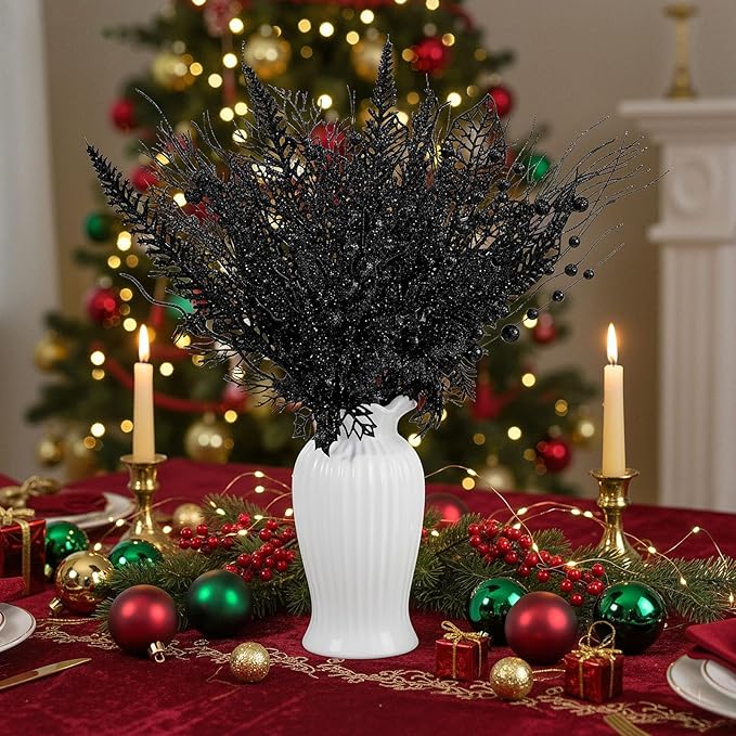 30 Pcs Artificial Christmas Tree Picks and Sprays Glitter Berry Stem Branches Holly Floral Picks Twigs Christmas Tree Ornaments for DIY Xmas Wreath Vase Filler Decorations(Black)