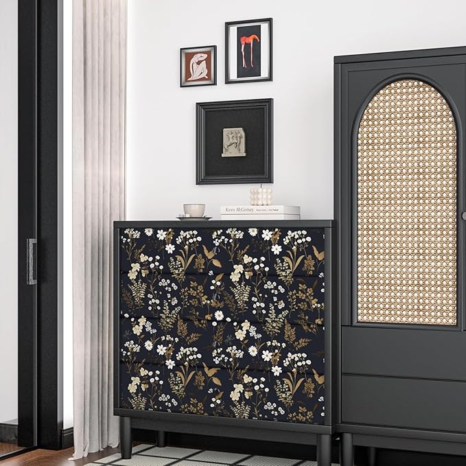 Dark Floral Wallpaper Peel and Stick 17.5in x 197in Vintage Navy Gold Leaf Wallpaper Vinyl Waterproof Self-Adhesive Dark Blue Botanical Wall Paper Mural for Bookcase Bedroom Cabinet Decor