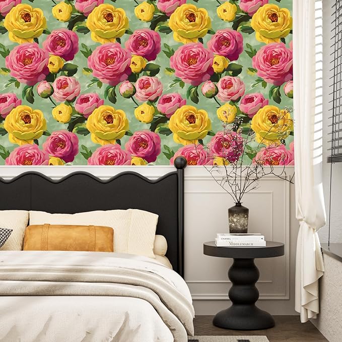 Colorful Floral Wallpaper Stick and Peel Vibrant Wall Paper Modern Boho Flowers Contact Paper for Bedroom Bathroom Yellow Pink Green Removable Renter Friendly 17.5 x 118In