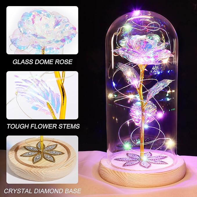 Mothers Day Flowers Gifts for Mom, Birthday Gifts for Women, Galaxy Glass Rose Gifts for Grandma Wife Daughter Artificial Forever Preserved Flowers for Delivery Prime Rose in Glass Dome, Colorful
