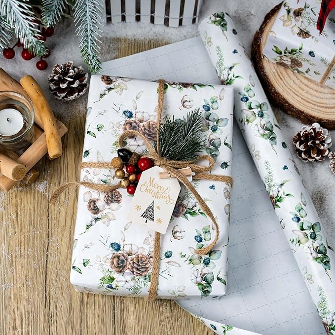 MAYPLUSS Christmas Wrapping Paper Roll - 17 In x 33 Feet - Cute Watercolor Christmas Pinecone Gift Wrap Paper for New Year, Holiday, Kids