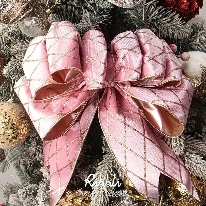 Ribbli Light Pink Velvet Ribbon Wired with Glitter Diamond Grid 4 Inch Christmas Ribbon for Christmas Tree Decoration Big Bow Gift Wrapping Crafts Wreaths Garland Supplies - 10 Yards