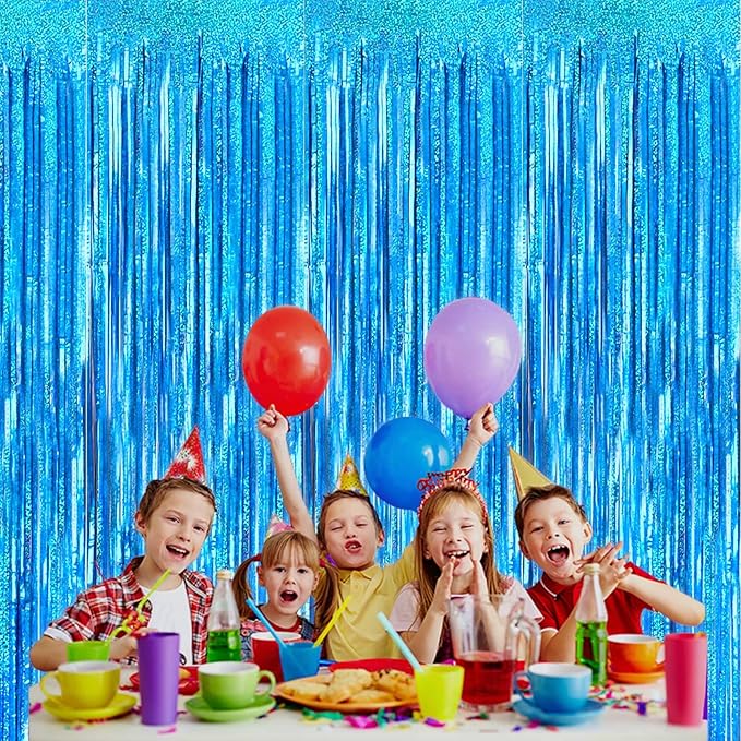 4 Pack Light Blue Tinsel Foil Fringe Curtain Backdrop, 3.28Ft x 8.2Ft Metallic Streamers for Photo Booth Props Wedding Bridal Shower Bachelorette Birthday Halloween Christmas Party Decoration