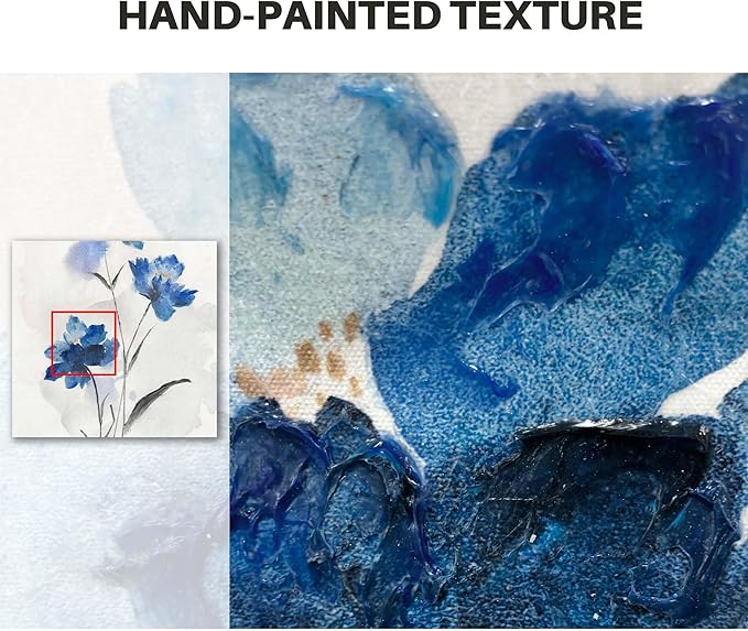 Flower Canvas Framed Wall Art: 2 Pieces Navy Blue Floral Prints Artwork Vintage Wildflower Bouquet Botanical Abstract Picture Painting for Living Room Bathroom Home Office