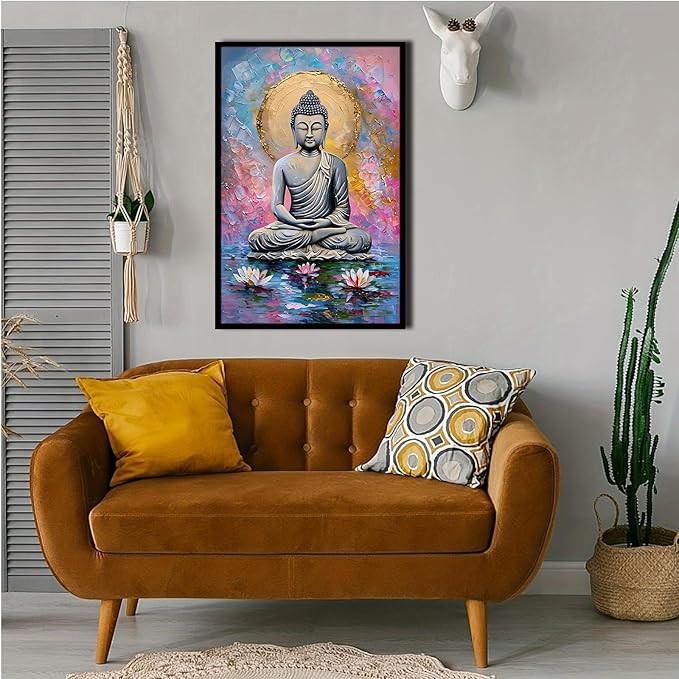 Lotus and golden Buddha meditation tranquil zen wall art mindfulness wall art for spiritual harmony and tranquility decor 24x36in Metal blackFramed
