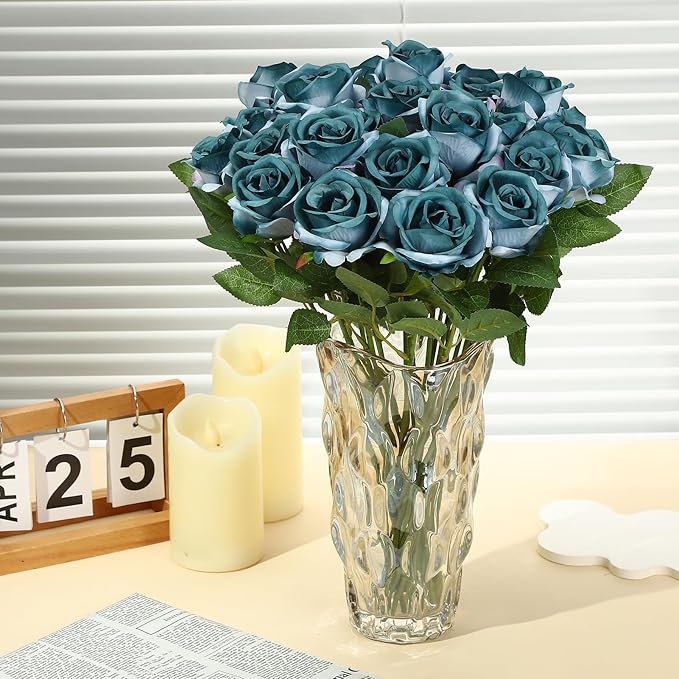80 Pcs Roses Artificial Flowers, Silk Gradient Blue-Green Artificial Flowers Petals Long Stem Roses for Wedding Bouquet Home Party Decor