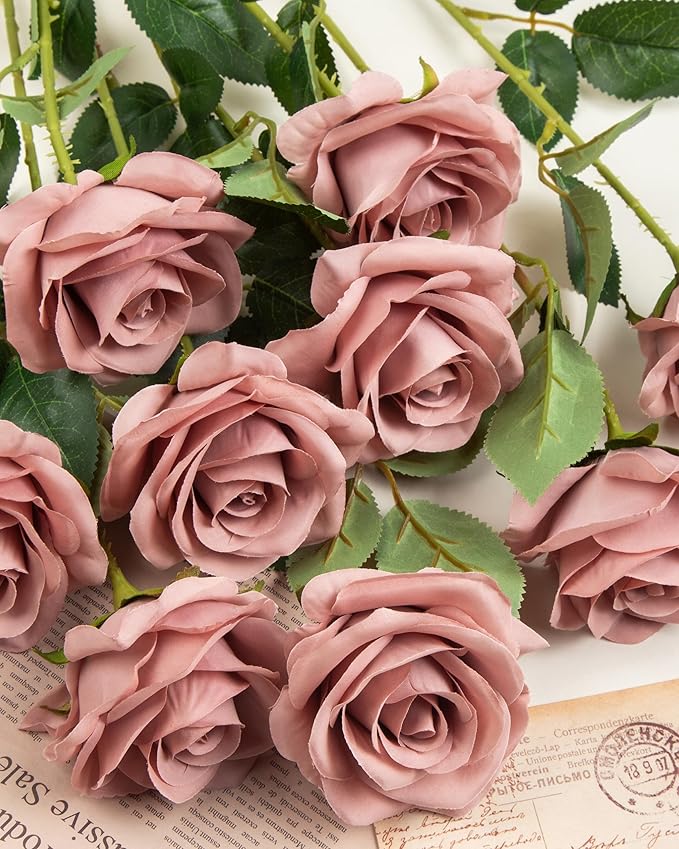 DuHouse 10pcs Silk Roses Artificial Flowers Fake Rose for Arrangement Wedding Party Home Decoration (Dusty Rose)