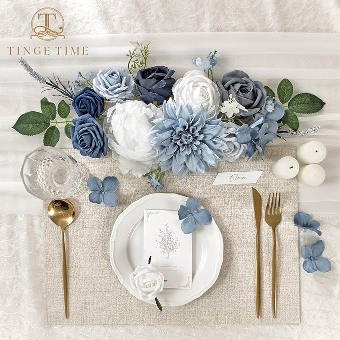TINGE TIME Artificial Flowers Dusty Blue and White Flower Combo for DIY Wedding Bouquets Table Centerpieces Arrangements Party Baby Shower Home Decorations