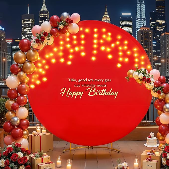 6.6 FT Red Round Backdrop Cover with Lights String for Circle Arch Stand Circle Backdrop Covers with LED Fairy Lights for Wedding Arch Baby Shower Birthday Party Photo Shoot Photography Background