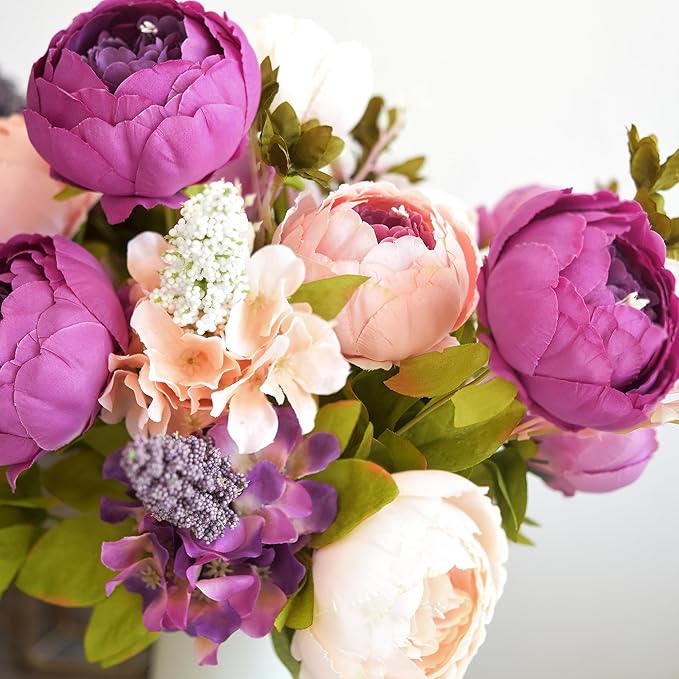 FiveSeasonStuff Vintage Artificial Peonies Silk Peony Flowers and Hydrangeas for Wedding Bridal Home Décor – Beautiful Floral Centerpiece Arrangement 2 Bouquets (Mixed Pale Pink and Thistle Purple)
