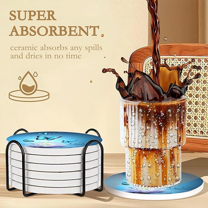 Drink Coasters with Holder,6 Pcs Water Lily Coffee Cup Mat with Storage Holder, Durable Ceramic Coaster Set for Hot & Cold Beverages