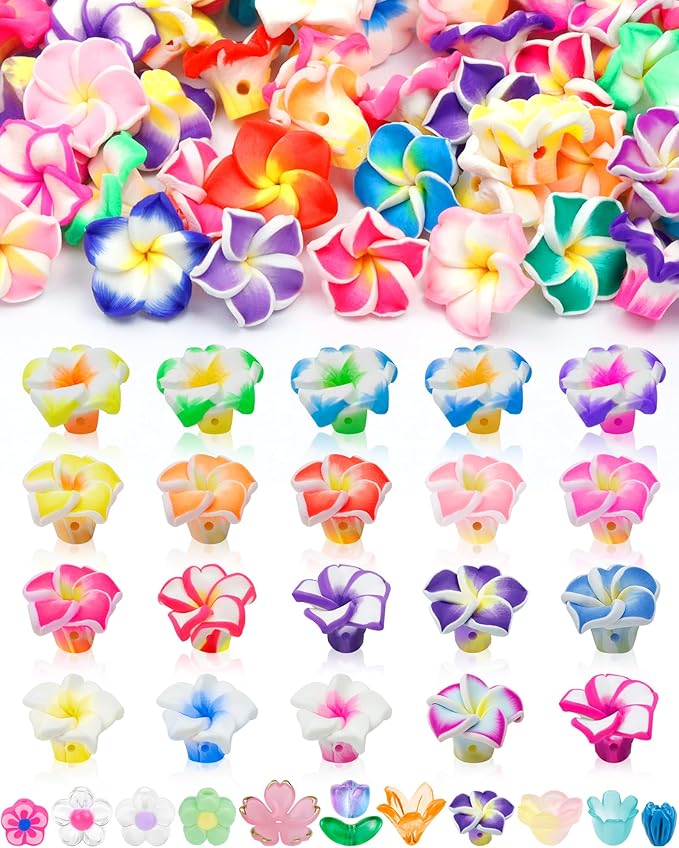FIVEIZERO 80PCS Clay Plumeria Flower Beads, 20 Colors Hawaiian Polymer Floral Bead Charms for Bracelets, Necklaces & DIY Jewelry Making Crafts