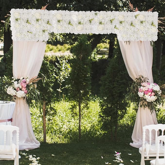 3D Flower Wall Backdrop - 12Pcs Artificial Flower Wall Panel 15 * 15inch Decoration White Roses Wall for Home Party Wedding Anniversary Birthday