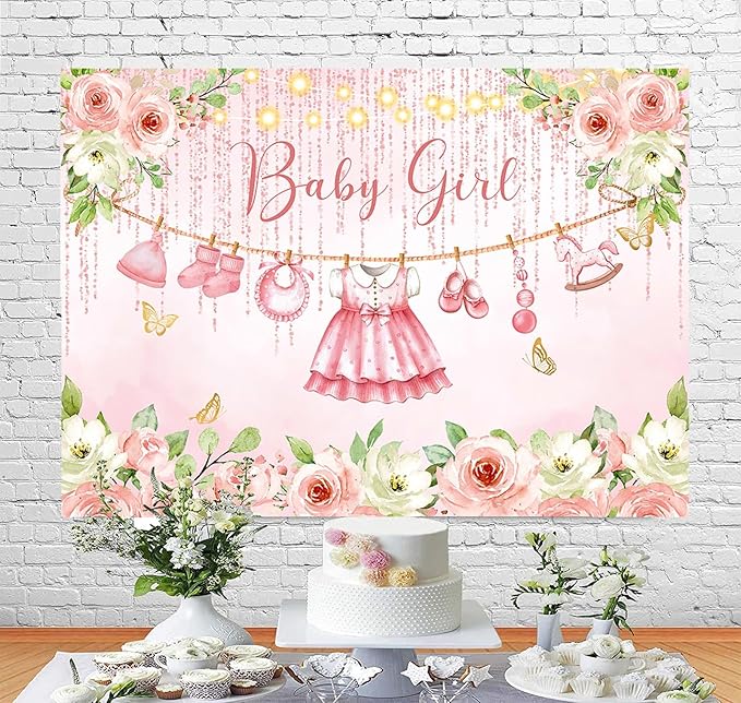 InMemory Baby Girl Baby Shower Backdrop Pink Floral Baby Shower Decorations,Glitter Rose Gold Baby Clothes Photography Background It's a Sweet Girls Shower Party Banner Photo Booth Supplies 6x4ft