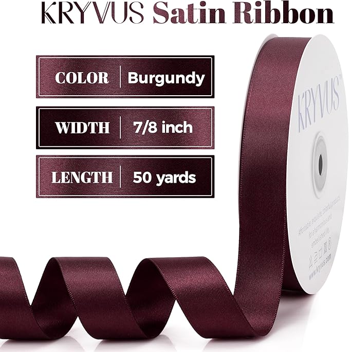 Burgundy Satin Ribbon, Double Faced 7/8 Inch X 50 Yards Burgundy Ribbon, Premium Satin Ribbon for Gift Wrapping, Crafts, Hair Bow Making, Sewing, Flower Bouquet, Wedding Party Decor
