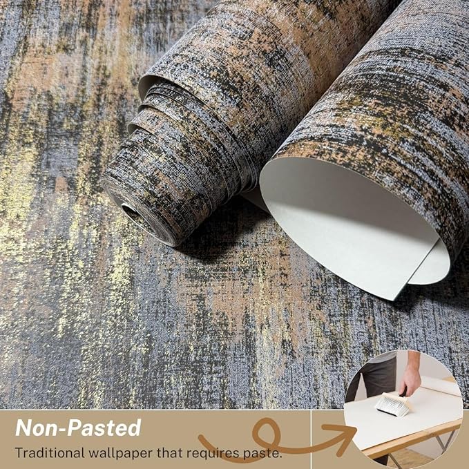 AM1NAH Distressed Wallpaper Industrial Texture Metallic Traditional Wall Paper, 20.8" X 393.0"