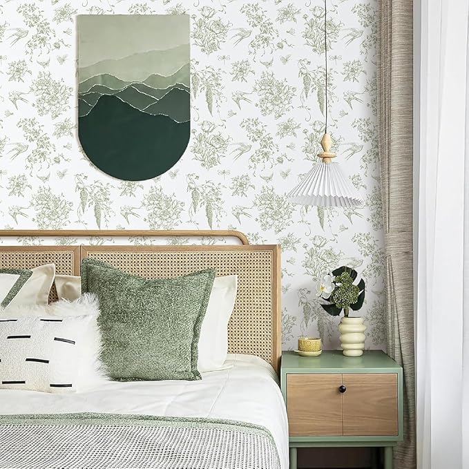 Floral Birds Wallpaper Peel and Stick Green and White Contact Paper 16.9”x 118.1”Vintage Floral Self Adhesive Removable Wallpaper Green Flower Contact Paper for Bathroom Kitchen Decor