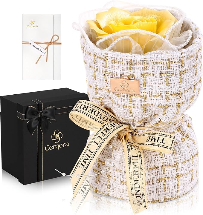 Eternal Love Ceramic Flower Bouquet - Handmade Yellow Ceramic Blossoms with Fragrance, The Perfect Luxury Gift Box for Her Anniversary/Birthday/Mother’s Day/Christmas, Includes Greeting Card