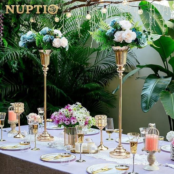NUPTIO Centerpiece Vase Tall Gold: 2 Pcs 30.5" Wedding Flower Stand for Table Metal Trumpet Vase for Party Decorations