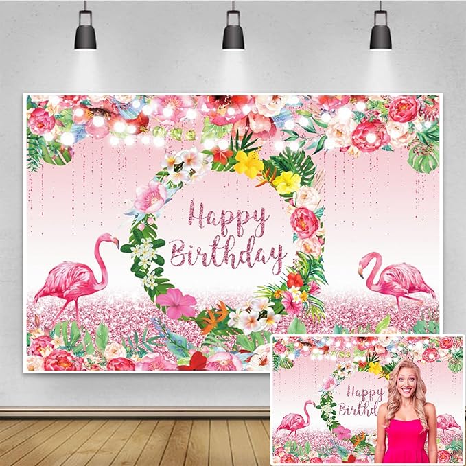 Renaiss 8x6ft Pink Flamingo Happy Birthday Backdrop Tropical Leaves Floral Hoop Winkle Hawaiian Photography Background Luau Aloha Party Decor Girls Birthday Photo Props Dessert Gift Table Banner