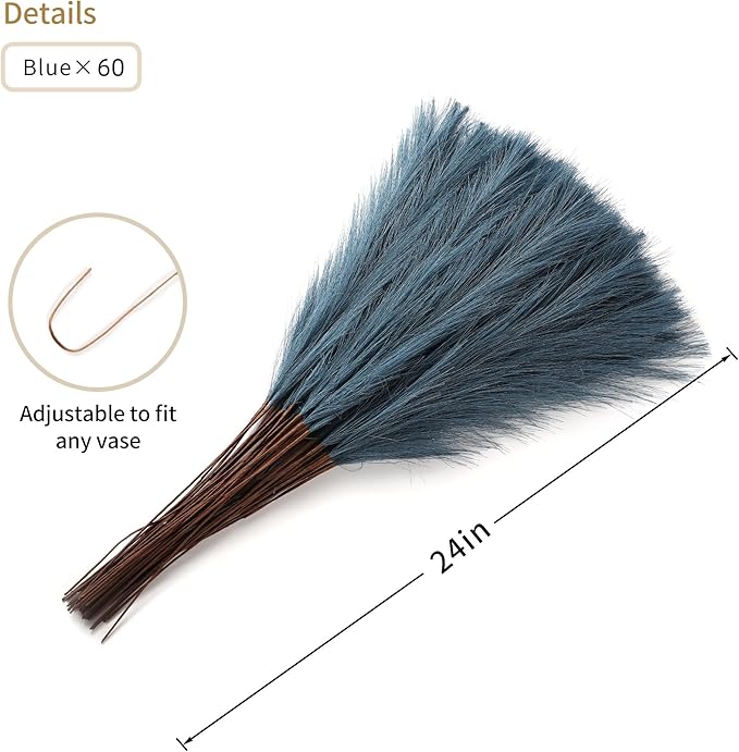 60pcs Blue Pampas Grass - 24 Inch Faux Pampas Grass Decor , Tall Pompas Grass for Floor Vase, Table Centerpieces, Wedding, Party and Blue Living Room Decor