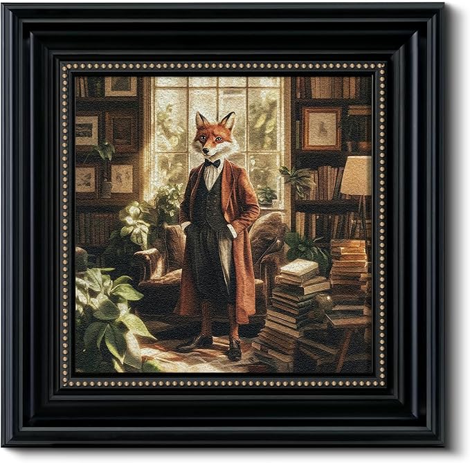 Vintage 3D Textured Fox Duke Scholar Framed Wall Art 16x16, Anthropomorphic Animal Portrait Sandstone Panel Print Artwork, Rustic Retro Farmhouse Living Room Bedroom Study Gallery Home Decor
