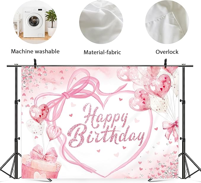 Pink Bow Birthday Party Decorations Backdrop 7Wx5H Photography Coquette Birthday Decorations for Girl Happy Birthday Backdrop for Women Bachelorette Party Banner Photo Booth Props Supplies