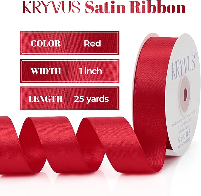 Premium Double Faced Satin Ribbon, 1 Inch X 25 Yards, Red, Perfect for Gift Wrapping, Crafts, Wedding Decor