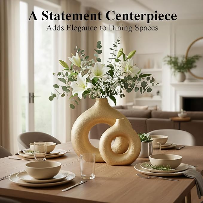 Modern Donut-Shaped Decorative Vases, Handmade Minimalist Boho ins Style, Modern Vase for Home Decor for Wedding Dinner Table Party Living Room Office Bedroom (Gold, Extra Large + Large)
