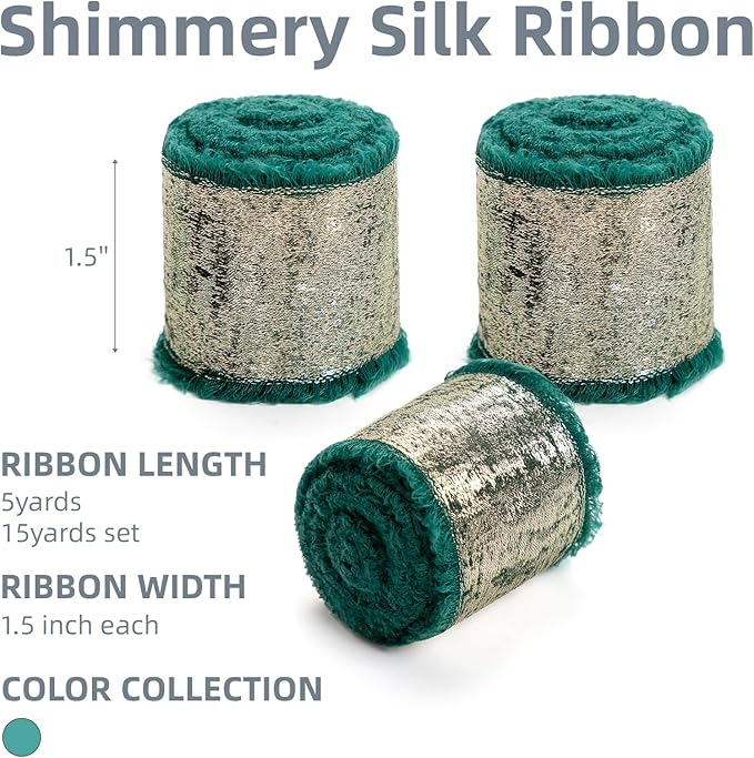 Dark Green Silk Chiffon Ribbon,Emerald Green Frayed Shimmery Silk Ribbon for Bridal Flower Bouquet Gift Wrapping Wedding Decor Invitations Decorations 1.5" x 15 Yards (5Yards X 3 Rolls)