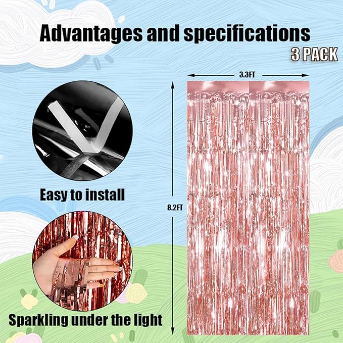 Keyali 3 Pack 3.3 * 8.3 ft Foil Curtain Metallic Tinsel Fringe Curtains Photo Booth Props Backdrop for Birthday Wedding Engagement Baby Shower Christmas Holiday Celebration Partyl,Rose Gold