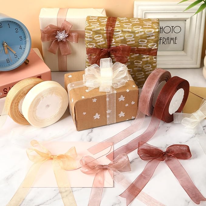 DECYOOL 4 Rolls 200 Yards Organza Ribbon for Gift Wrapping, 4/5 inches Wide Neutral Earth Tones Sheer Chiffon Ribbon Fabric Ribbon for Wedding Birthday Bouquet Wrapping Bows DIY Crafts
