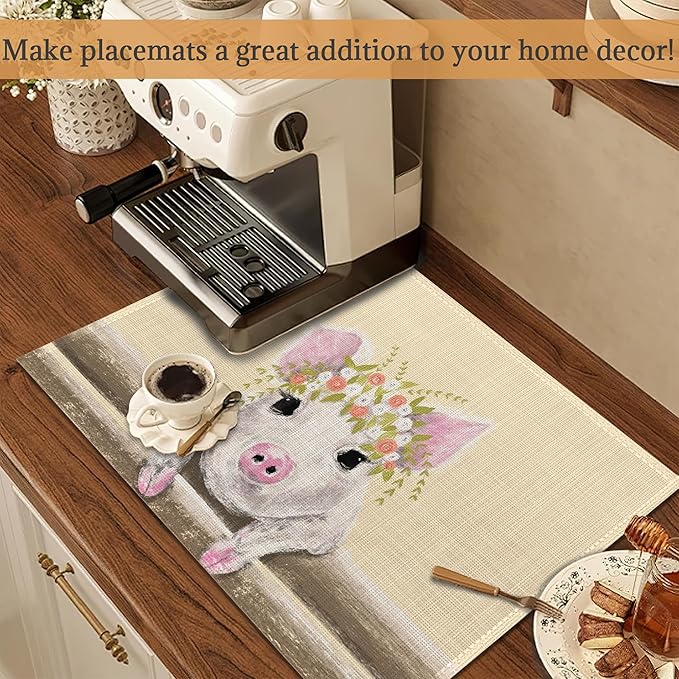 Placemats Set of 6, Cute Little Pig with Floral Wreath Linen Place Mats,Modern Washable Table Placemats 12"x18" Heat Resistant Table Mats for Dining Kitchen Party Holiday Decoration