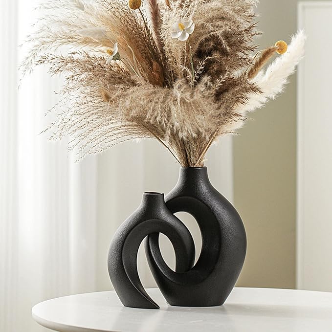 Snuggle Hollow Modern Ceramic Vase Set of 2, Mid Century Nordic Aesthetic Decorative Vase Decorative Vases for Home Table Decor (Matte Black W 6.3" X H 8.4")